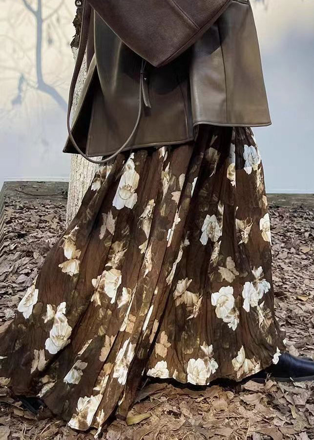 Coffee Wrinkled Print Exra Large Hem Cotton Skirts Spring