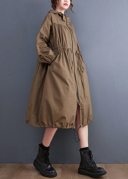 Coffee Zip Up Drawstring Wrinkled Cotton Hoodie Coat Spring