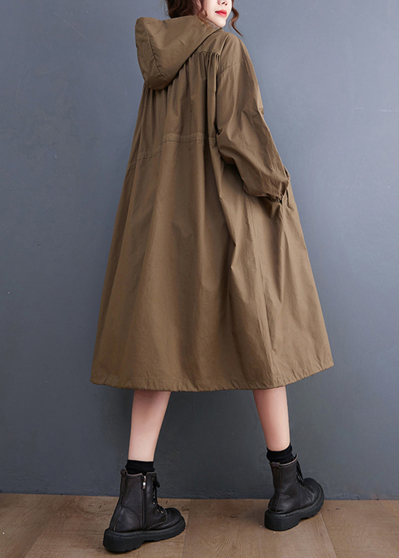 Coffee Zip Up Drawstring Wrinkled Cotton Hoodie Coat Spring