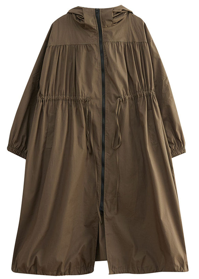 Coffee Zip Up Drawstring Wrinkled Cotton Hoodie Coat Spring
