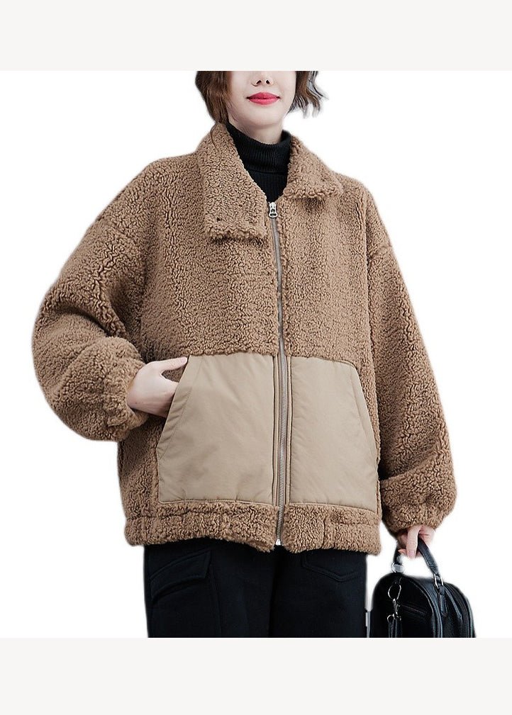 Coffee Zippered Pockets Patchwork Faux Fur Jacket Winter