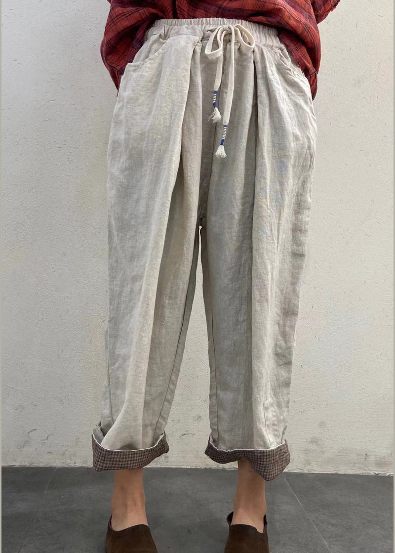 Chocolate Elastic Waist Drawstring Pockets Linen Pants Spring