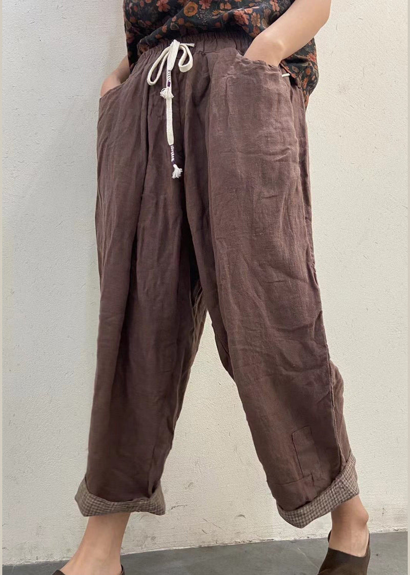 Chocolate Elastic Waist Drawstring Pockets Linen Pants Spring
