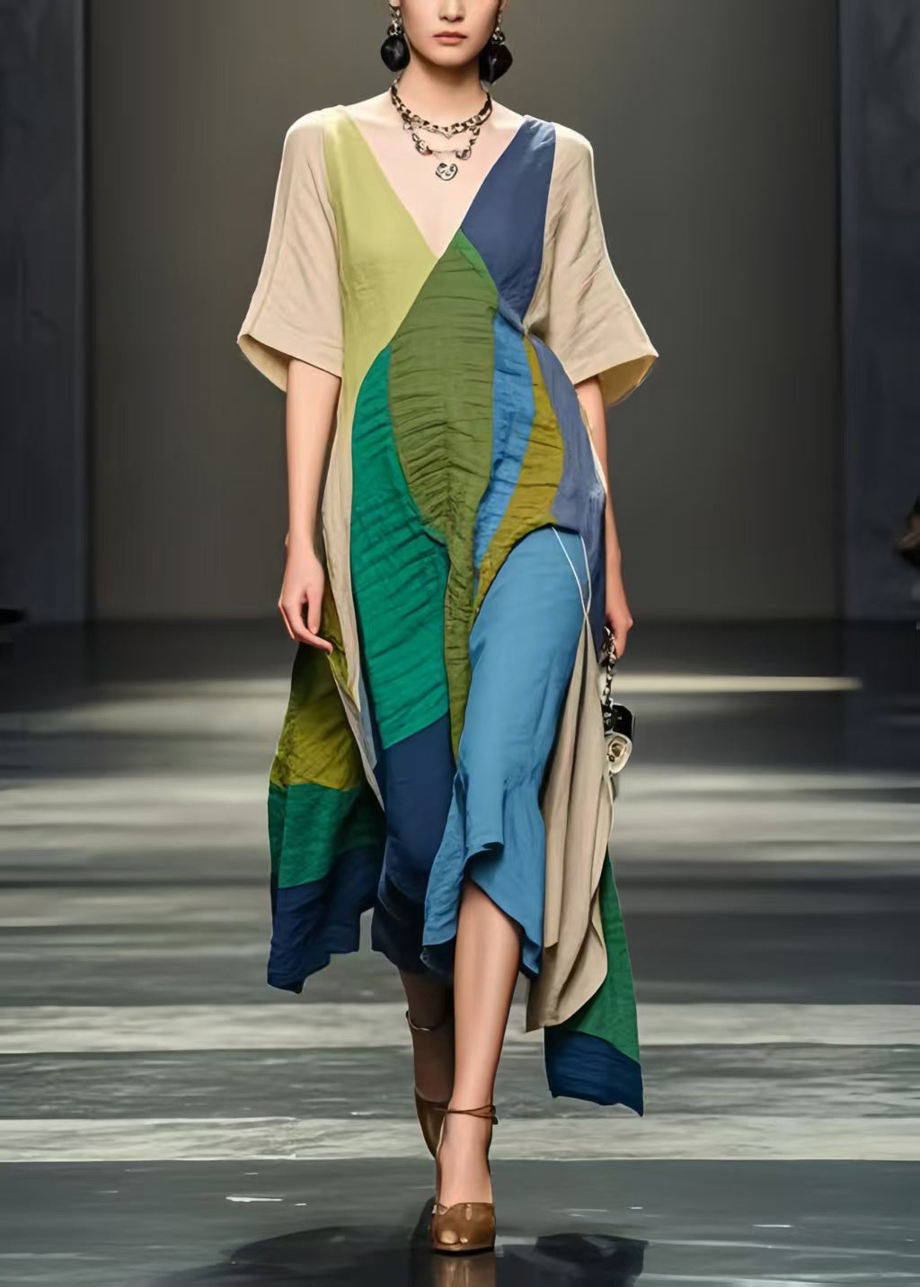 Colorblock Asymmetrical Design Wrinkled Cotton Dresses Summer