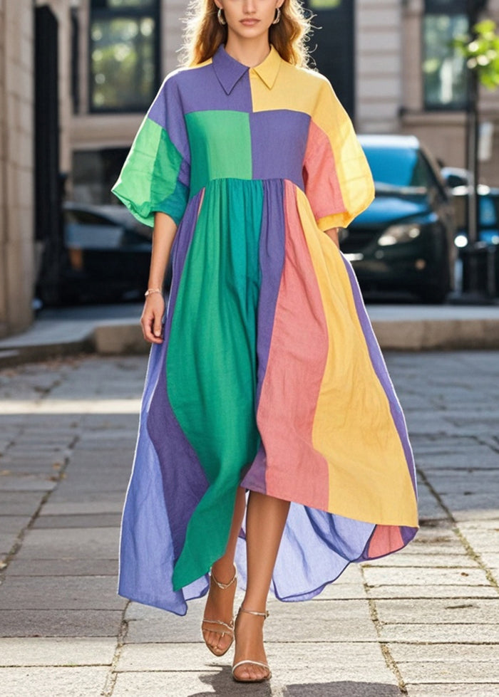 Colorblock Asymmetrical Patchwork Cotton Long Dresses Spring