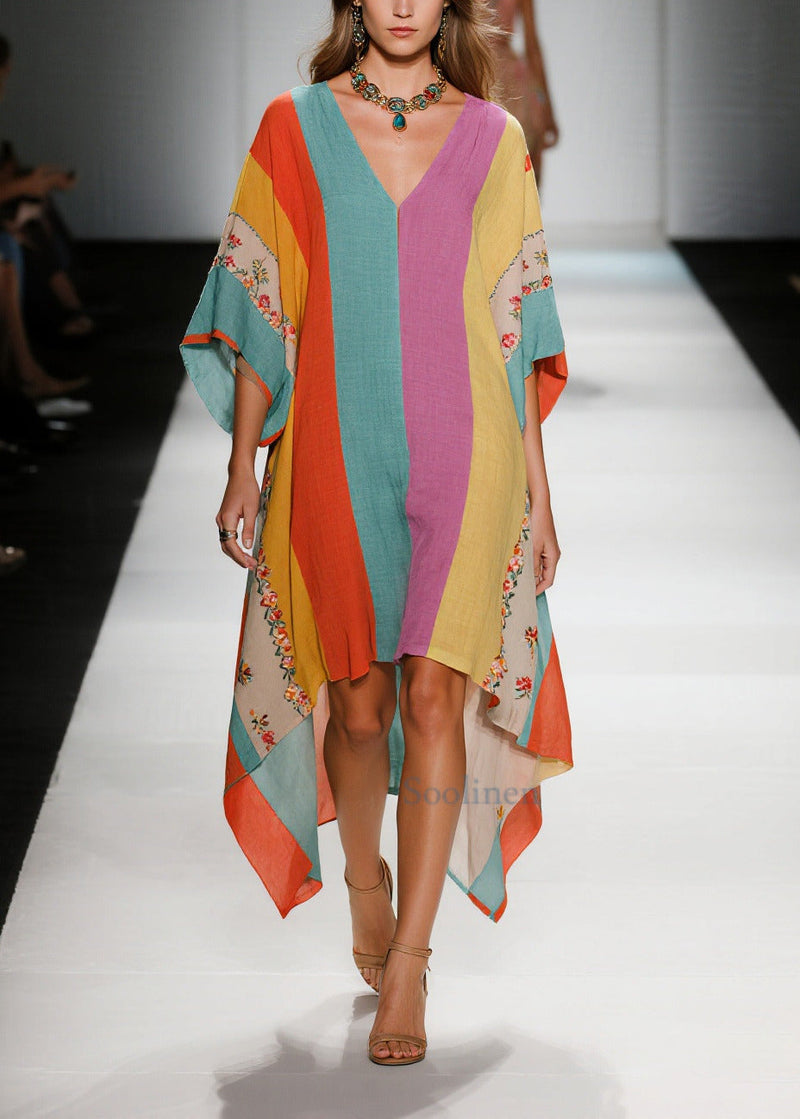 Colorblock Asymmetrical Striped Cotton Dresses Summer