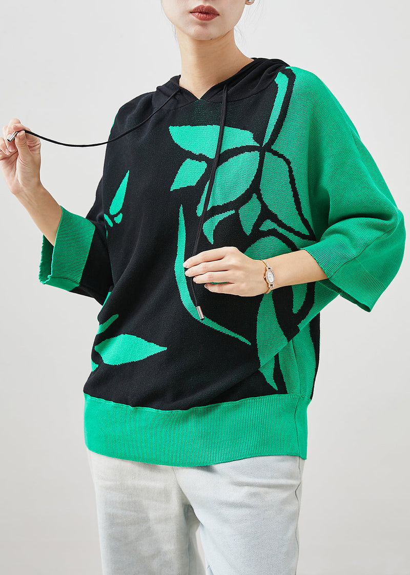 Colorblock Hooded Print Knit Pullover Sweatshirt Spring