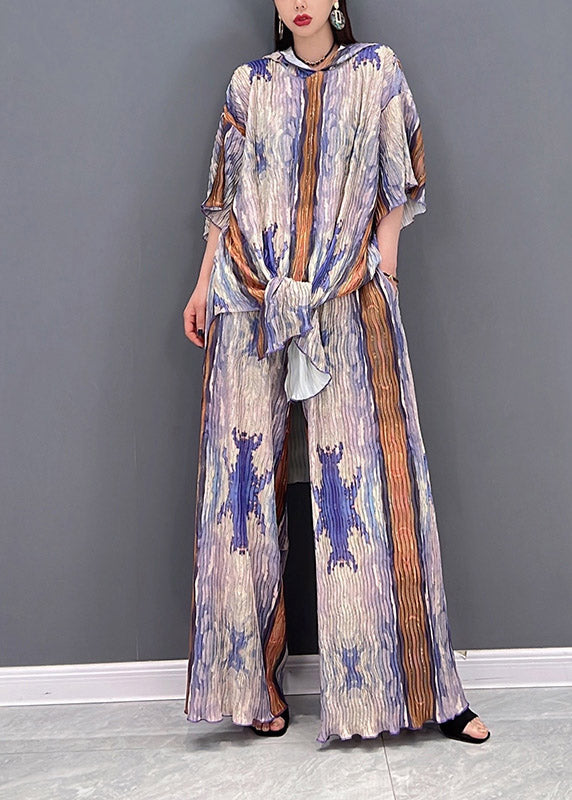 Colorblock Hooded Side Open Print Tops and Wide Leg Pants Two-piece Set Spring