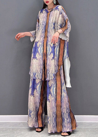 Plus Size Colorblock Hooded Side Open Print Tops And Wide Leg Pants Two-Piece Set Spring