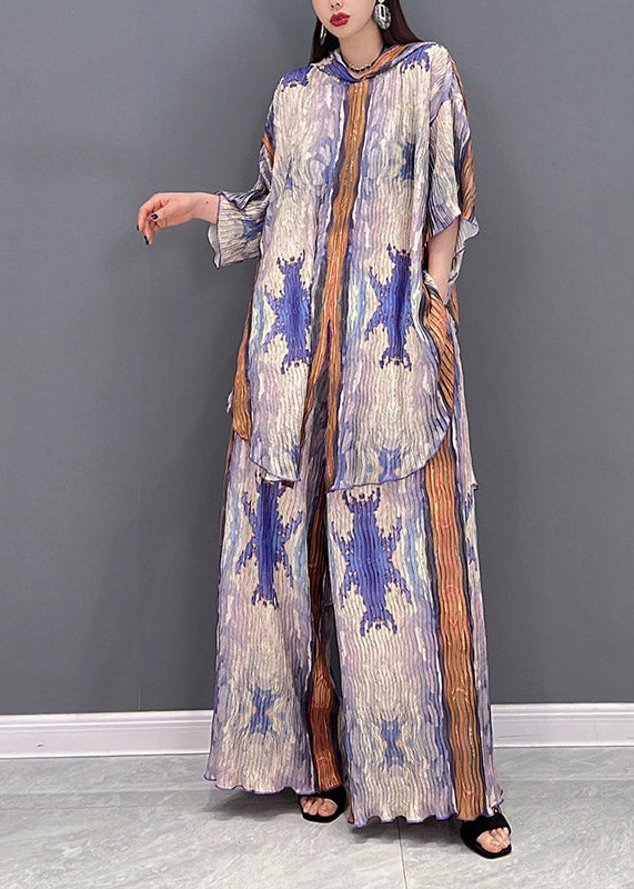 Plus Size Colorblock Hooded Side Open Print Tops And Wide Leg Pants Two-Piece Set Spring