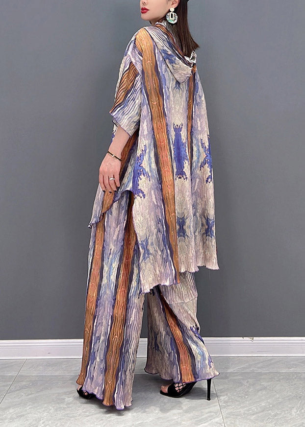 Plus Size Colorblock Hooded Side Open Print Tops And Wide Leg Pants Two-Piece Set Spring