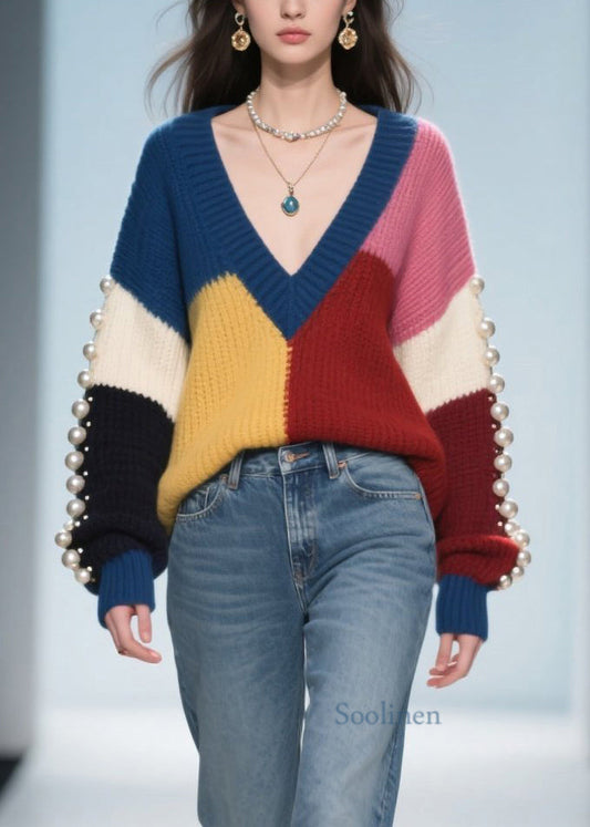 Colorblock Nail Bead Patchwork Knit Pullover Fall