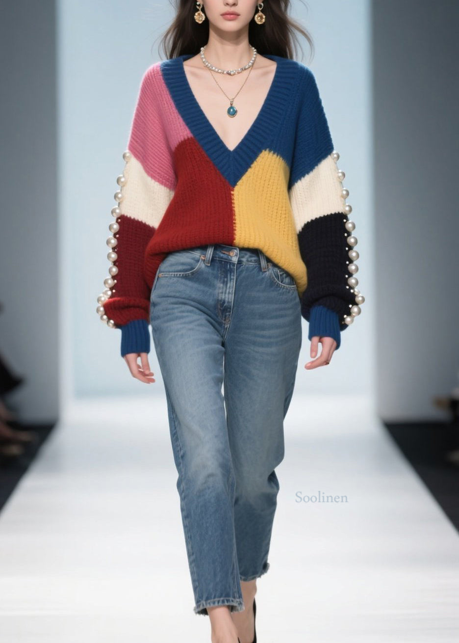 Colorblock Nail Bead Patchwork Knit Pullover Fall
