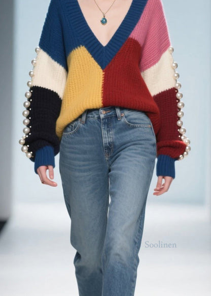 Colorblock Nail Bead Patchwork Knit Pullover Fall