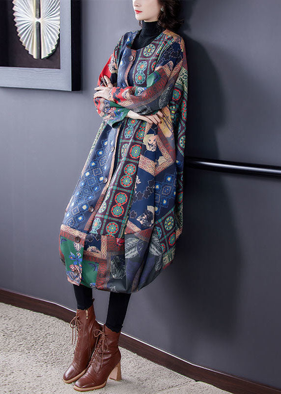 Colorblock O-neck Asymmetrical Print Cotton Trench Coats Fall