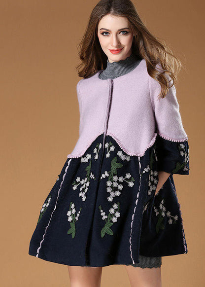 Colorblock O-neck Embroideried Patchwork Woolen Trench Spring