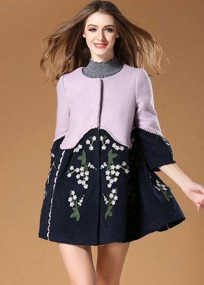 Colorblock O-neck Embroideried Patchwork Woolen Trench Spring