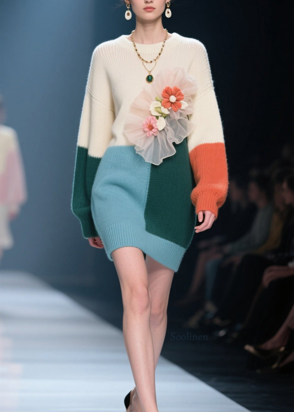 Colorblock O Neck Knit Sweaters Dress Fall