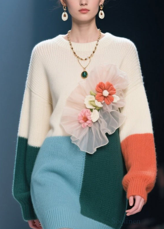 Colorblock O Neck Knit Sweaters Dress Fall