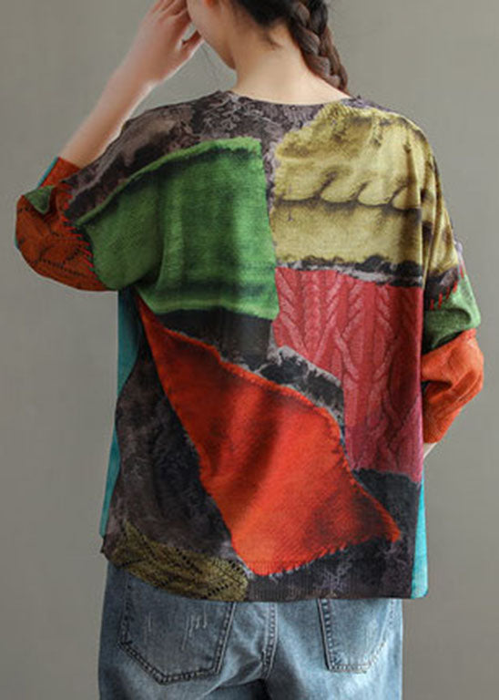 Plus Size Colorblock O-Neck Print Knit tops Long Sleeve