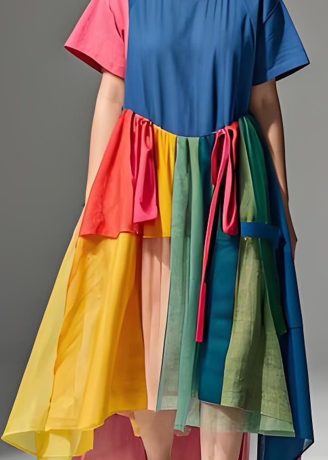 Colorblock O Neck Wrinkled Patchwork Cotton Dresses Summer