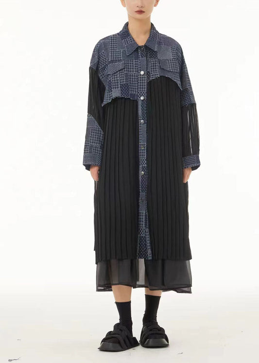Colorblock Oversized Denim Patchwork Wrinkled Chiffon Shirt Dresses Spring