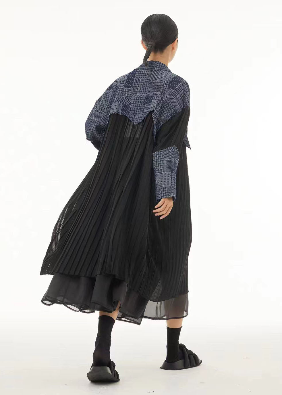 Colorblock Oversized Denim Patchwork Wrinkled Chiffon Shirt Dresses Spring