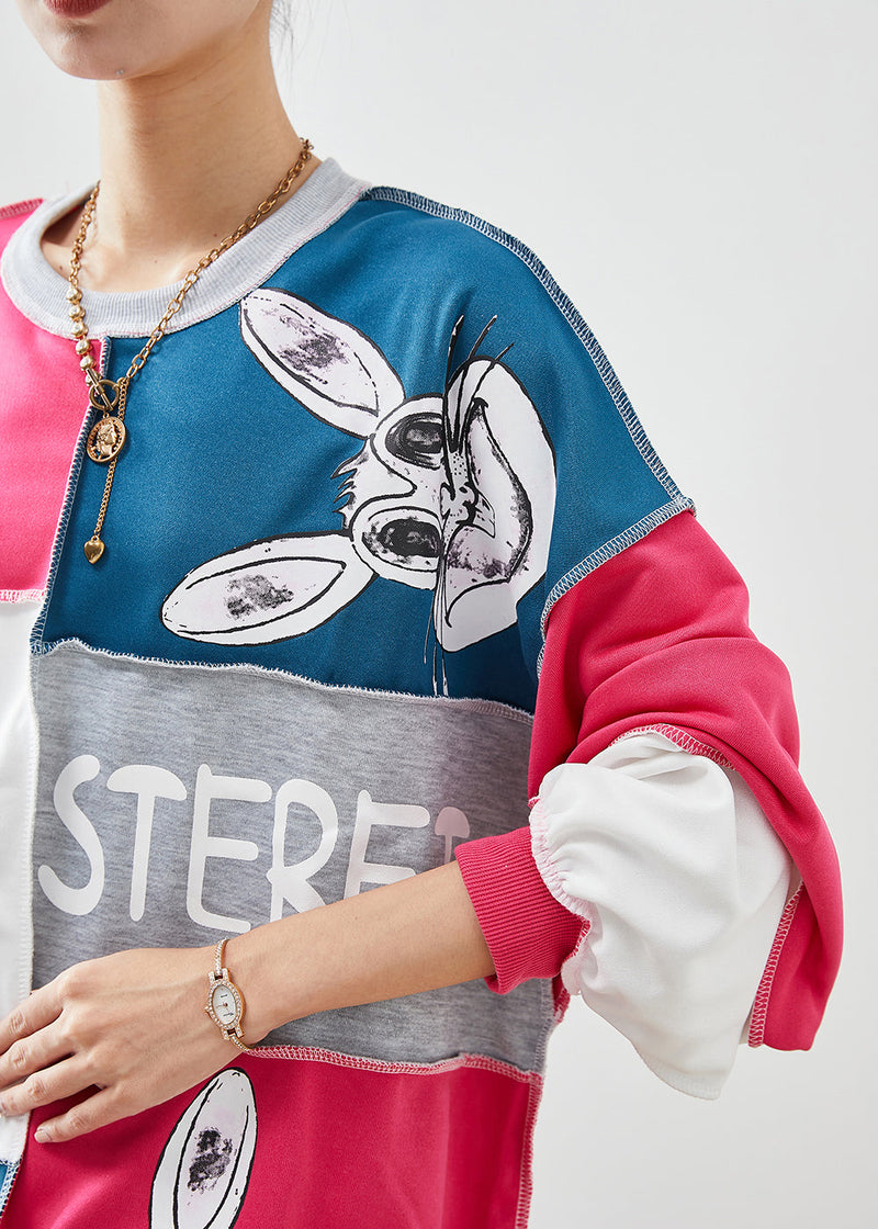 Colorblock Oversized Patchwork Rabbit Print Cotton Sweatshirt Fall