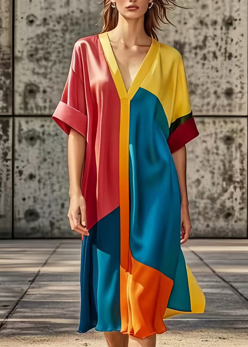 Colorblock Oversized Patchwork Silk Dress Summer