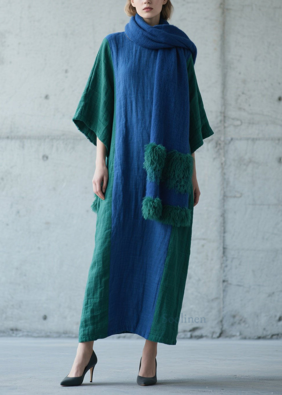 Colorblock Patchwork Cotton Long Dress Fall