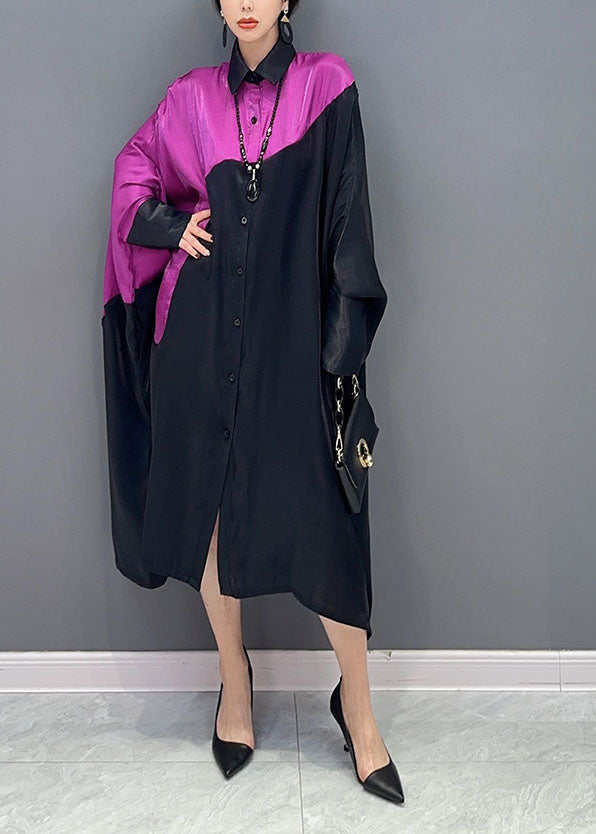 Colorblock Peter Pan Collar Patchwork Oversized Silk Dress Batwing Sleeve