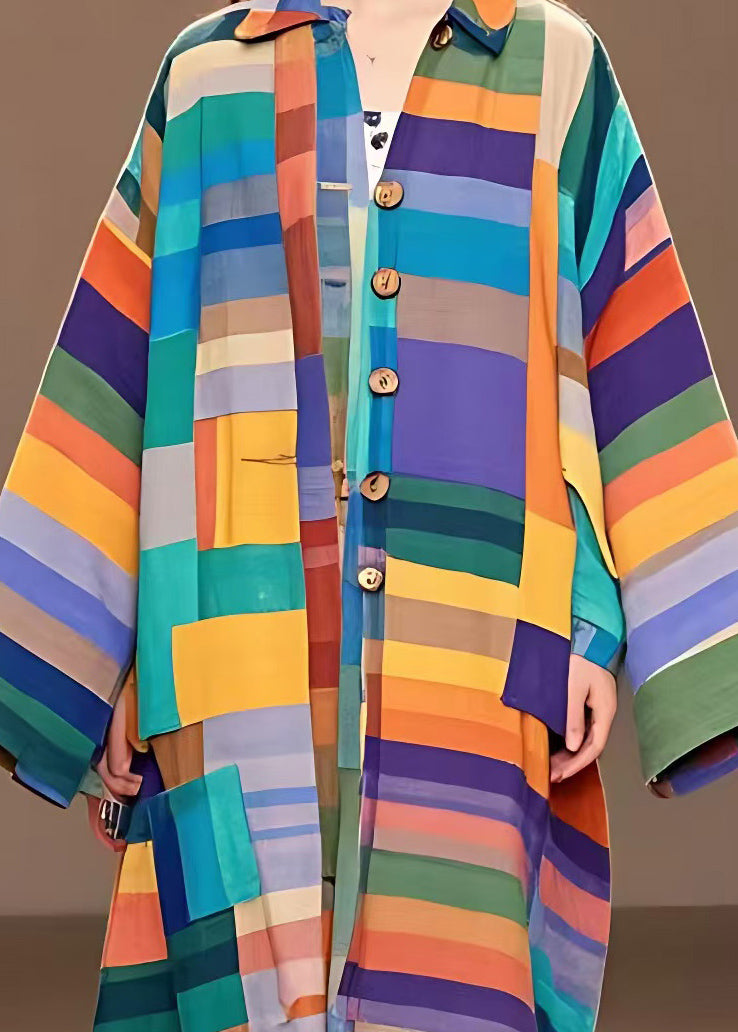 Colorblock Peter Pan Collar Plaid Woolen Long Coat Long Sleeve
