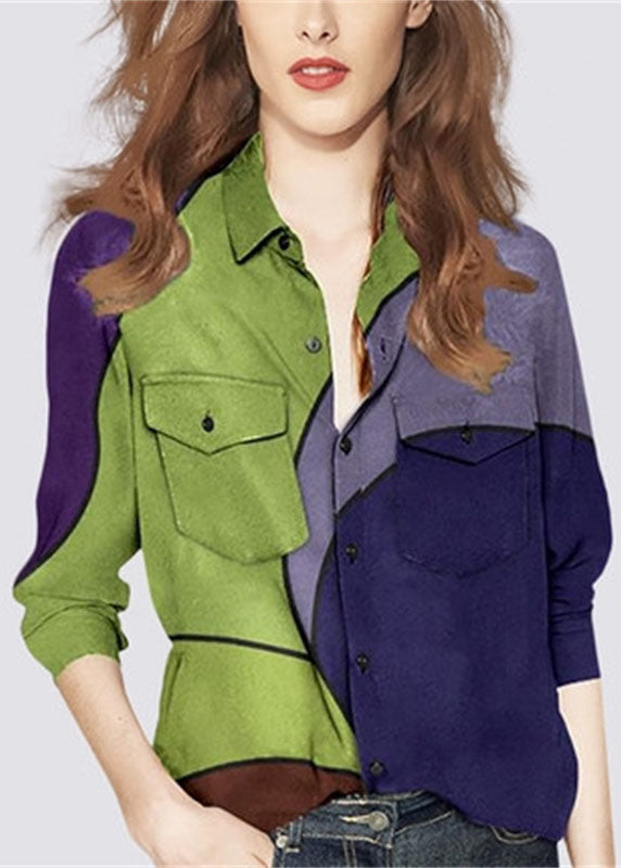 Colorblock Peter Pan Collar Button Pocket Print Shirt Long Sleeve