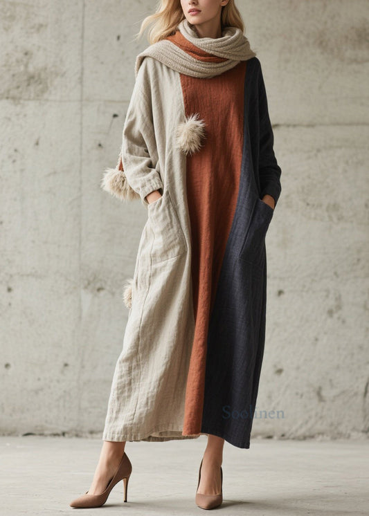 Colorblock Pockets Patchwork Cotton Dress Fall