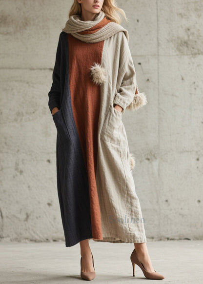 Colorblock Pockets Patchwork Cotton Dress Fall