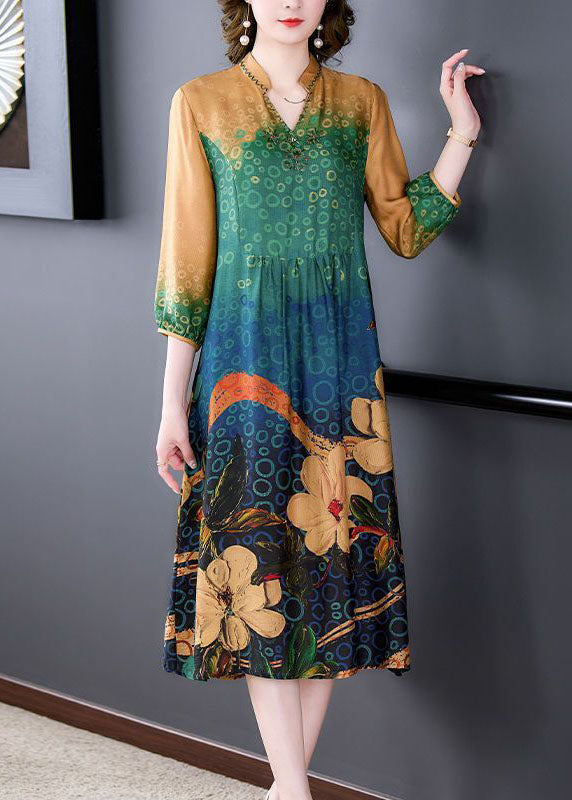 Colorblock Print Wrinkled Silk a Line Dresses Bracelet Sleeve