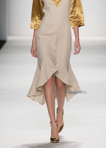 Colorblock Ruffled Patchwork Linen Silk Dresses Summer