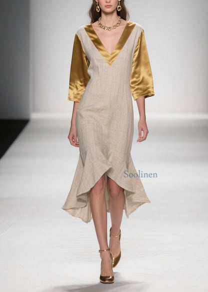 Colorblock Ruffled Patchwork Linen Silk Dresses Summer