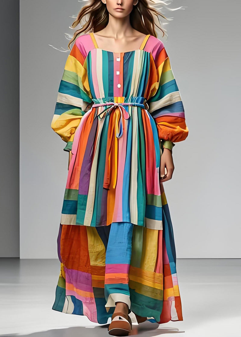 Colorblock Square Collar Tie Waist Patchwork Cotton Dress Long Sleeve