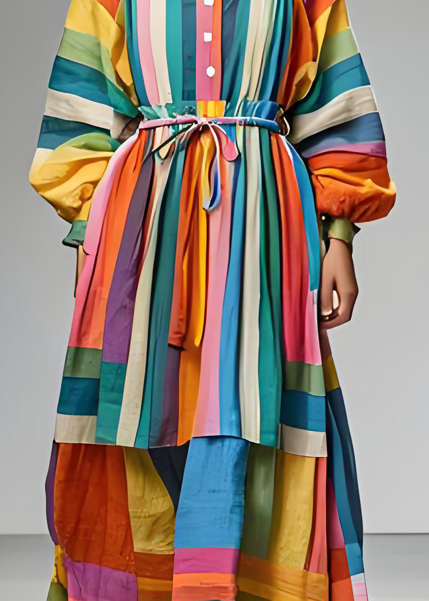 Colorblock Square Collar Tie Waist Patchwork Cotton Dress Long Sleeve