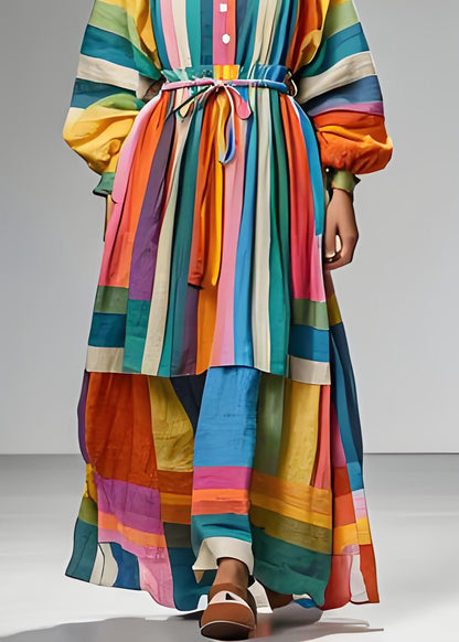 Colorblock Square Collar Tie Waist Patchwork Cotton Dress Long Sleeve