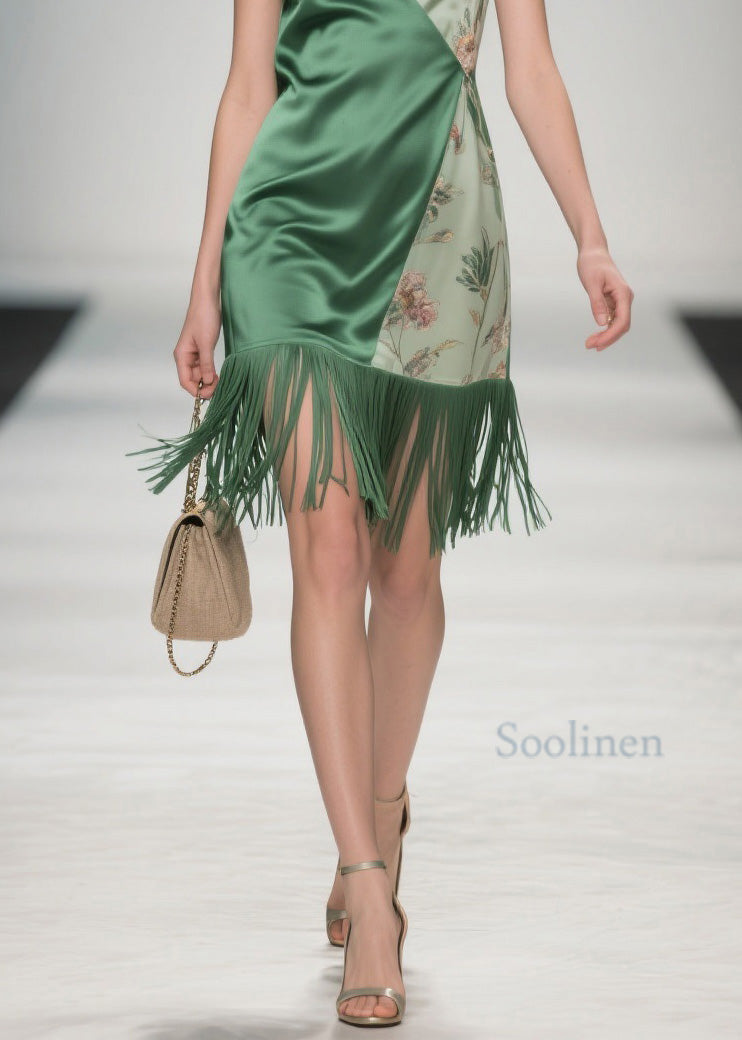 Colorblock Tassel Print Silk Spaghetti Strap Dresses Summer