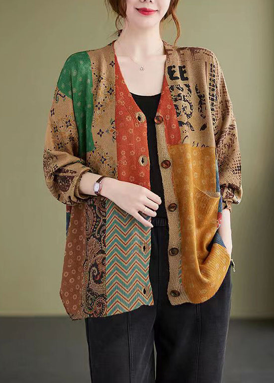 Colorblock V Neck Button Knitting Cotton Coat Fall
