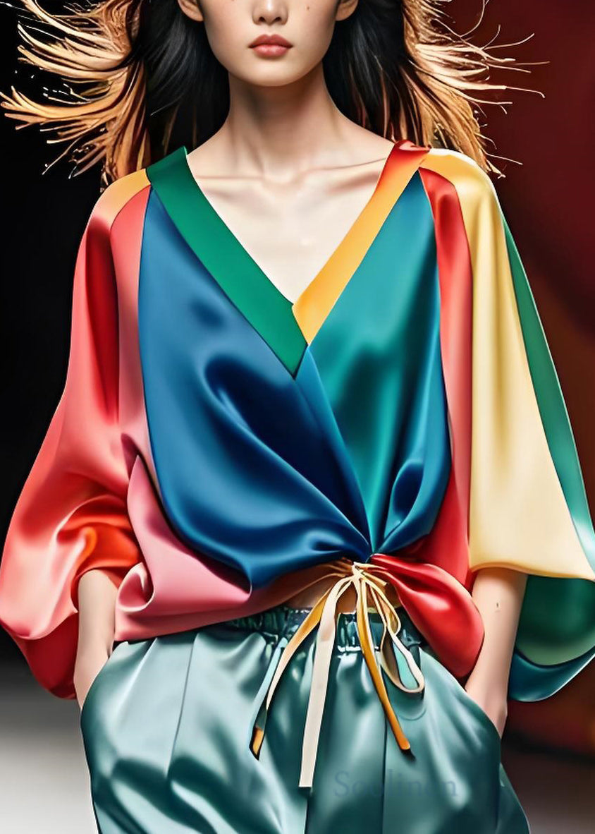 Colorblock V Neck Cinched Silk Shirt Bracelet Sleeve