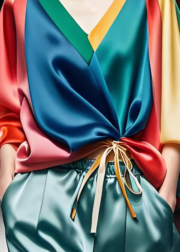 Colorblock V Neck Cinched Silk Shirt Bracelet Sleeve