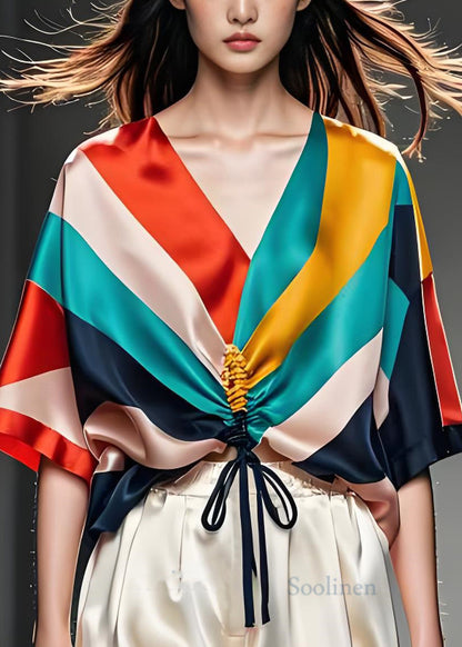 Colorblock V Neck Cinched Silk Shirt Tops Summer