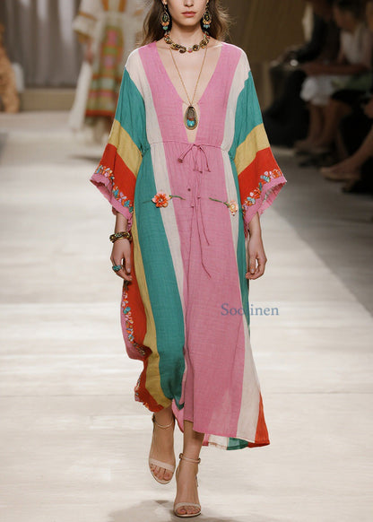Colorblock V Neck Cotton Long Dresses Summer