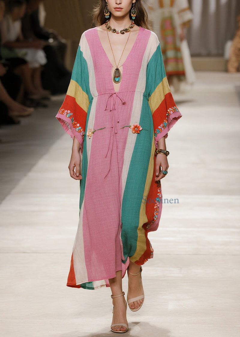 Colorblock V Neck Cotton Long Dresses Summer