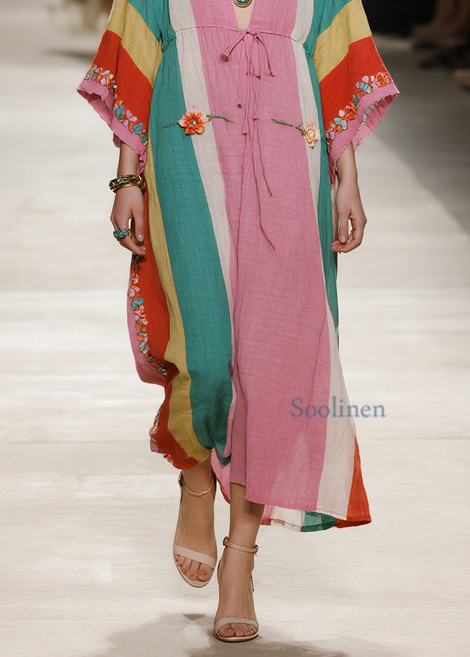 Colorblock V Neck Cotton Long Dresses Summer