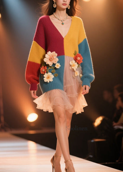 Colorblock V Neck Knit Sweater Dress Fall